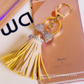 Leather Tassels Keychain Gold Crystal Bowknot Charm Keyring